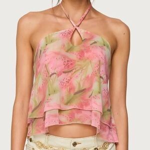 Edikted Pink Floral Layered Halter Crop Top